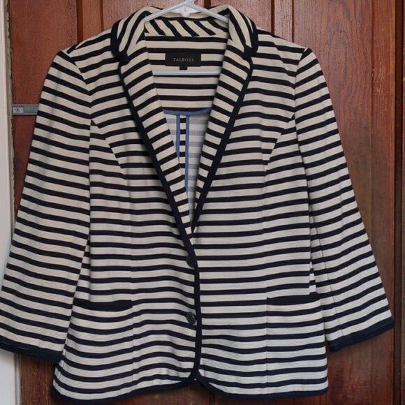 Talbots Black + Cream Striped Cotton Blend Blazer Sz M - Picture 7 of 10